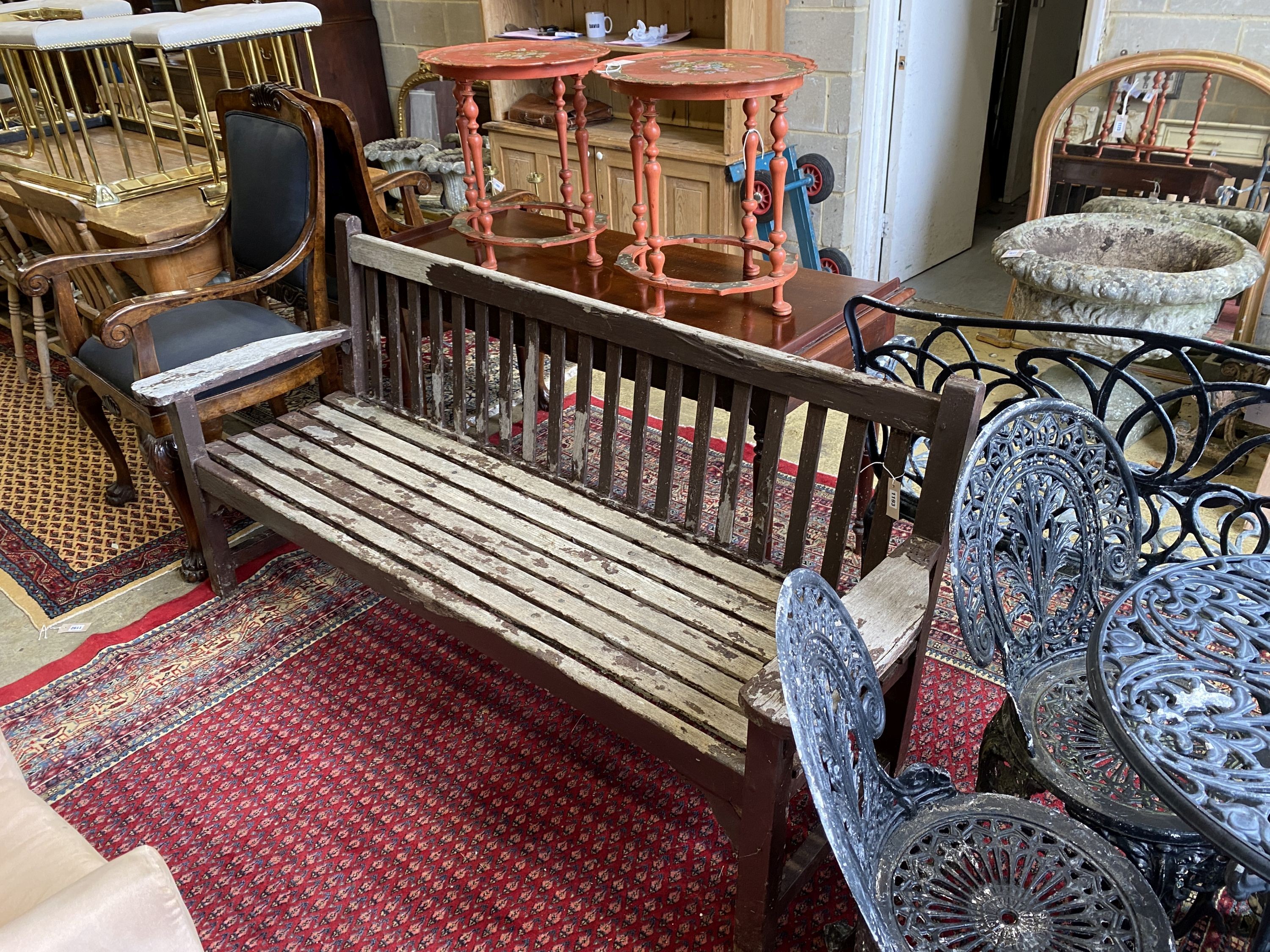 A part painted weathered teak garden bench, length 183cm, depth 56cm, height 80cm
